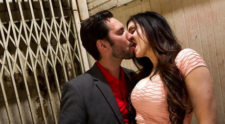 Stunning american brunette Kendall Karson in stockings hard fucked after sucking huge cock 